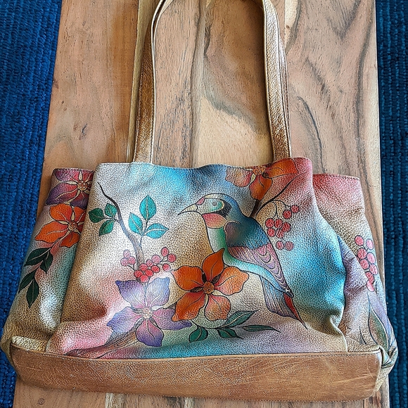 Anna by Anuschka Genuine Leather Large Shopper Bag Bird on Branch Hand Painted - Picture 1 of 16